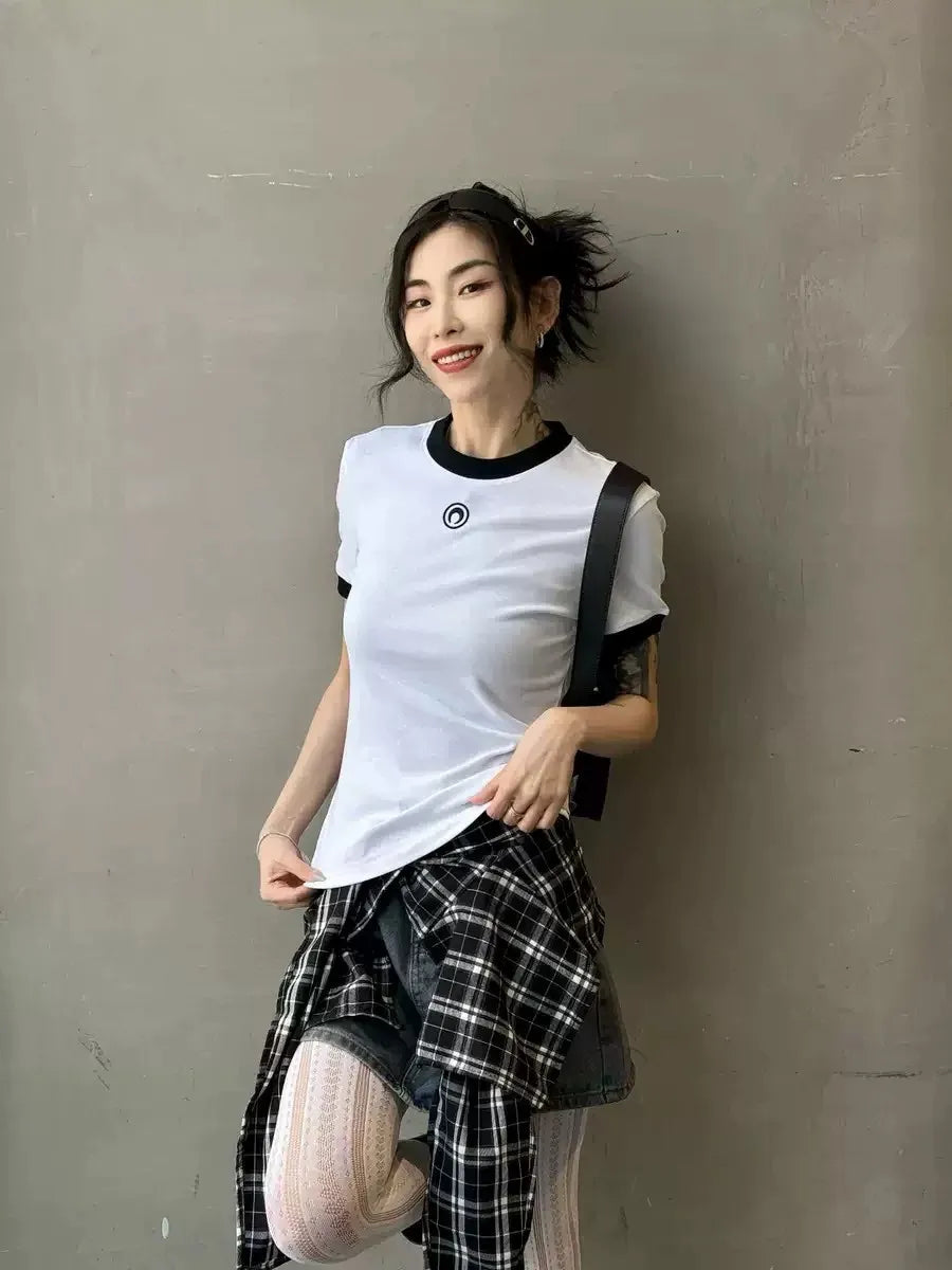 Embroidered Moon Tshirt Women Summer Short Sleeve Round Neck Color Contrast Casual Streetwear Versatile New High Street Tops