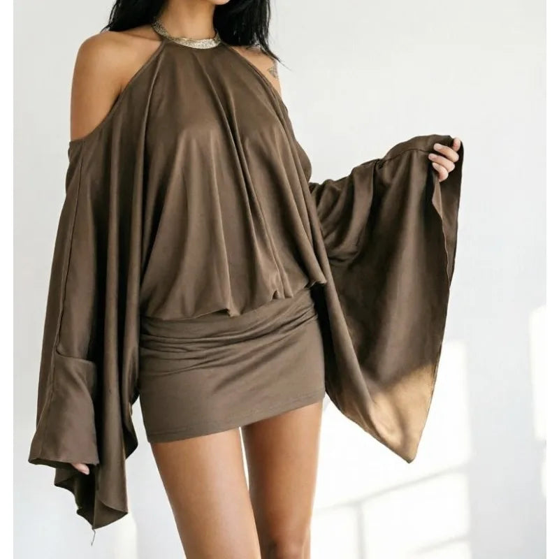2026 European and American Spice Girls Sexy Shoulder Backless Irregular Design Short Skirt Loose Bat Sleeve Dress Women