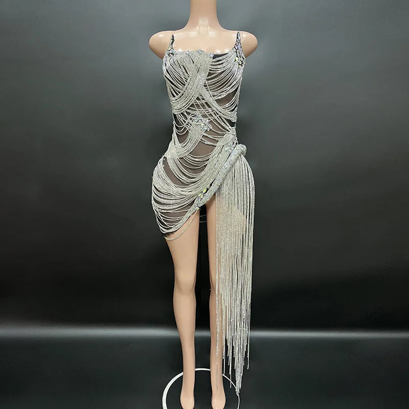 Luxury Dress Sexy Women's Shiny Beaded Rhinestone Dress Silver Stage Talent Performance Dress Birthday Celebration Party Dress