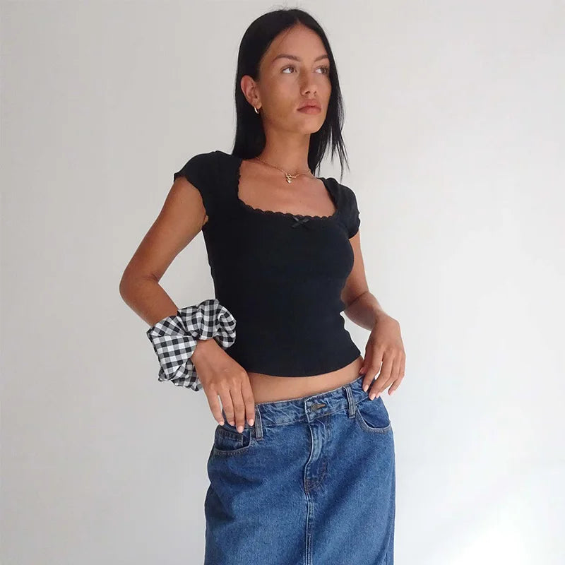 White Lace-Trim Square-Neck Milkmaid Crop Top
