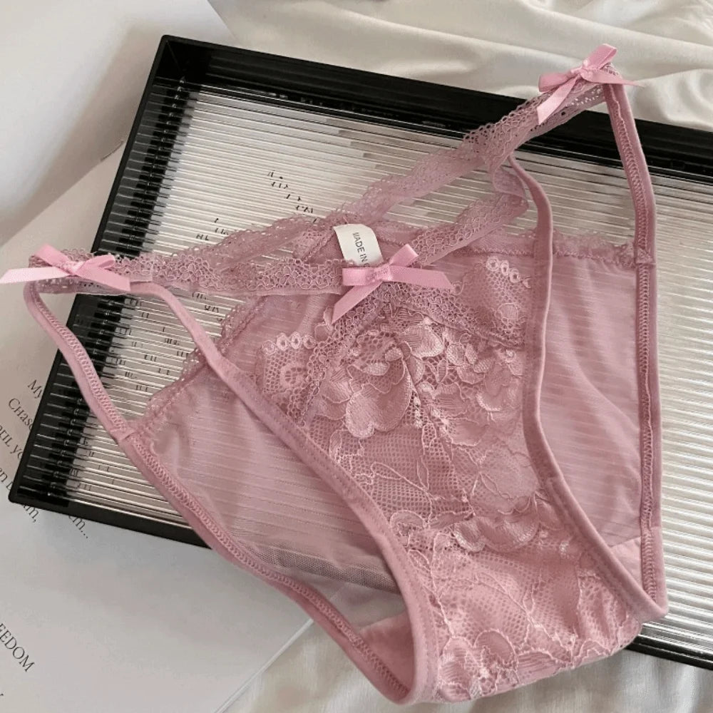 Lingerie Bow Lace Flower Panties Seamless Mid Waist French Style Briefs Hollow Transparent Lace Mesh Briefs Lady