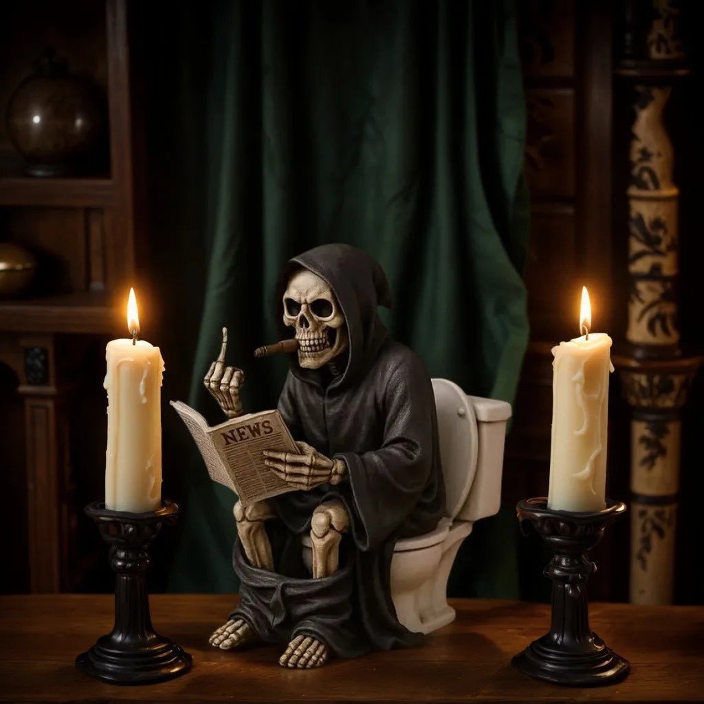 Funny Grim Reaper Skeleton on Toilet Resin Figurine, Humorous Gothic Bathroom Decor Statue, Creative Home Ornament for Desk
