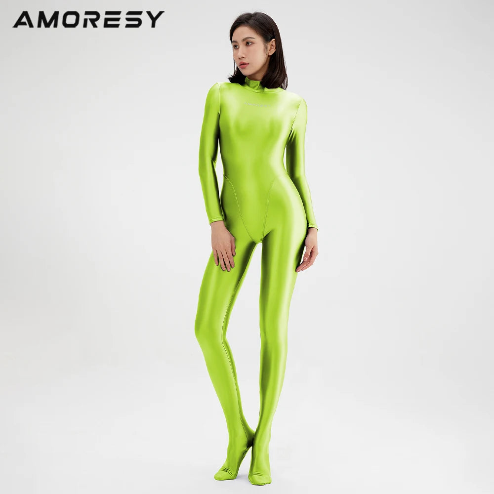 Women's Glossy Long-Sleeve Full-Length Jumpsuit