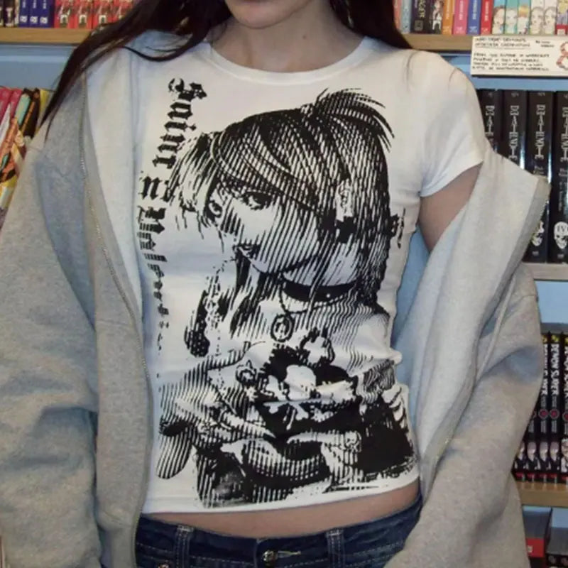 Anime Text Print Y2K Crop T-Shirt