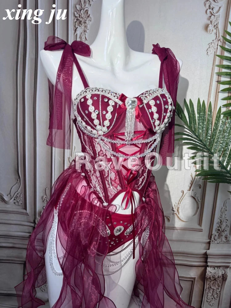 Xing Ju Sexy Temperament Pearl Diamond Fishbone Suspender Tops Shorts Singer Stage Party Outfits Women Nightclub Club Costumes