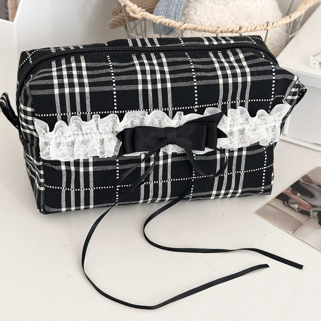 Lace Bow Canvas Makeup Bag