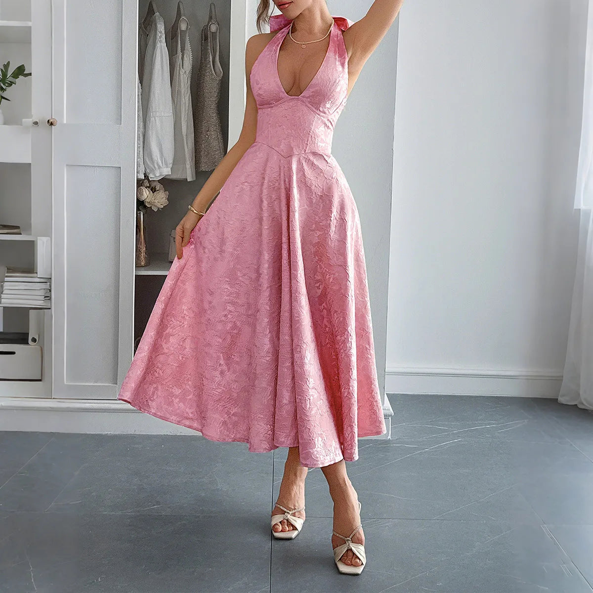 Sexy Bow Backless Women's Summer Long Dress Elegant Jacquard Waist Wrap Halter V-Neck Sleeveless Evening Party Maxi Dresses