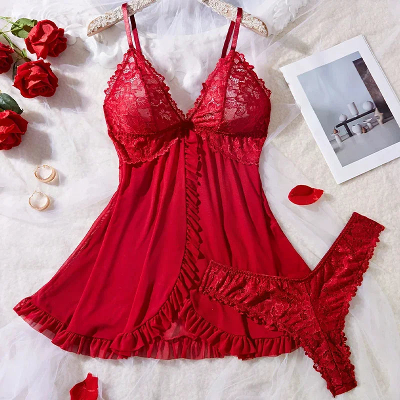 Sexy Lace Lingerie Set Women V-Neck Sheer Lace Camisole Panties Pajamas Set