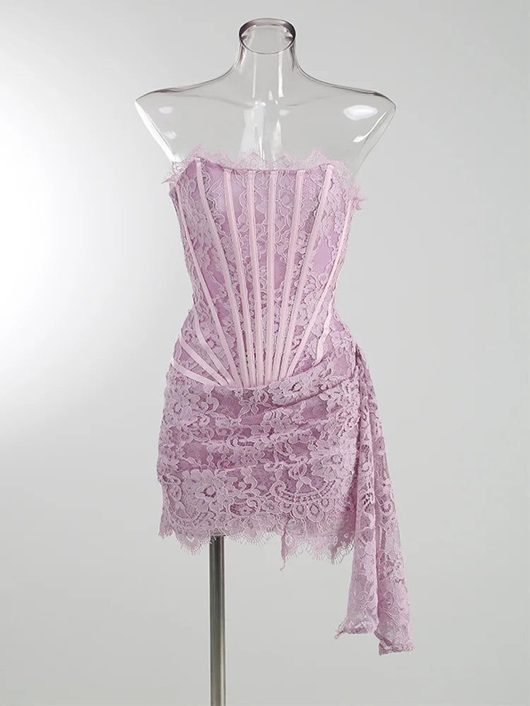 Sexy Lace See-through Corset Dress Patchwork High Waist Dress Elegant Printed Strapless Slim Evening Dress Tube Top Dress New