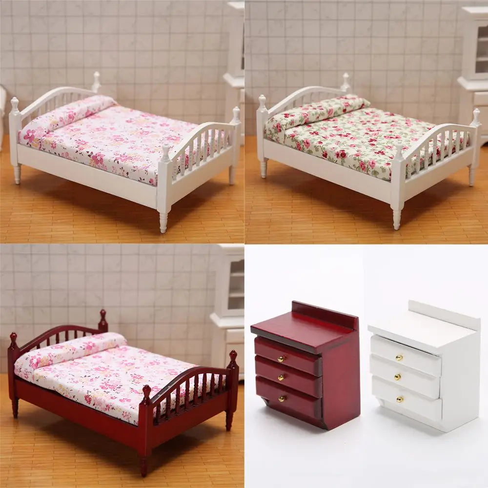 Miniature Dollhouse Bed & Bedside Table Set