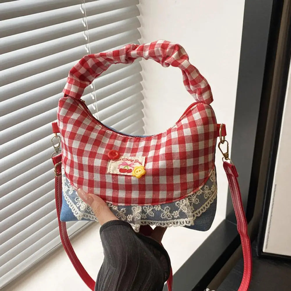 Lace Plaid Bow Shoulder Bag