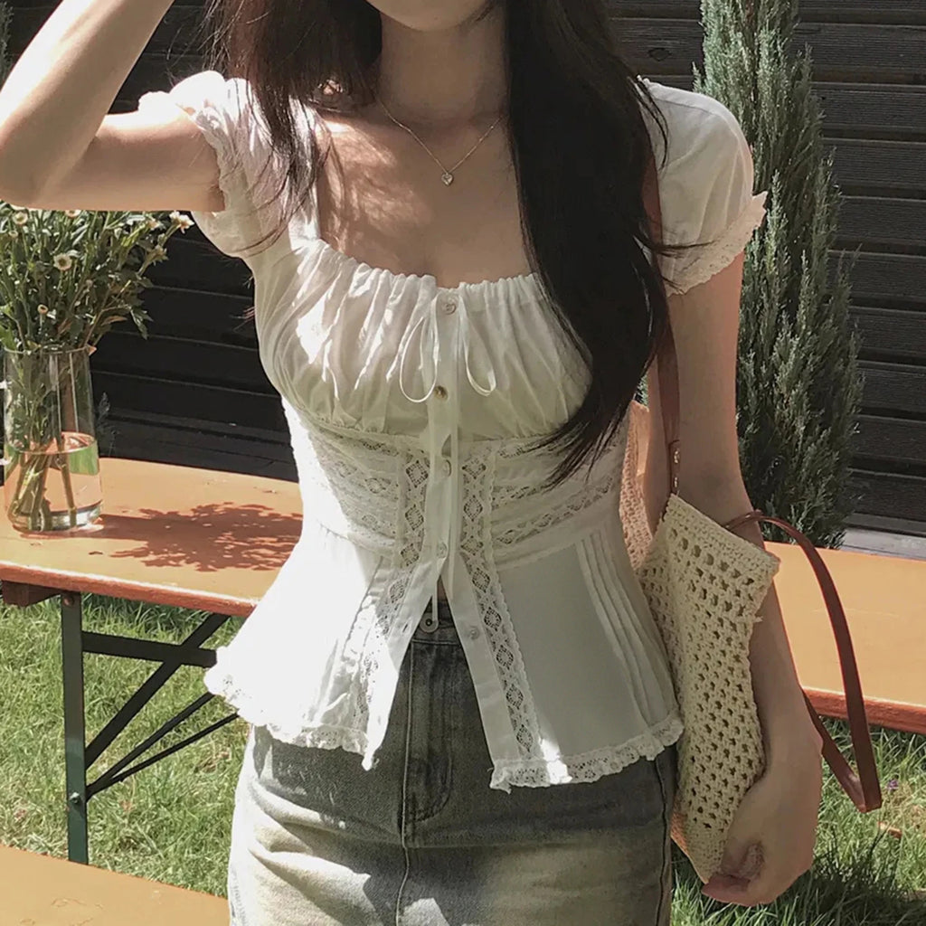 Fairycore Square-Neck Lace Puff-Sleeve Crop Top