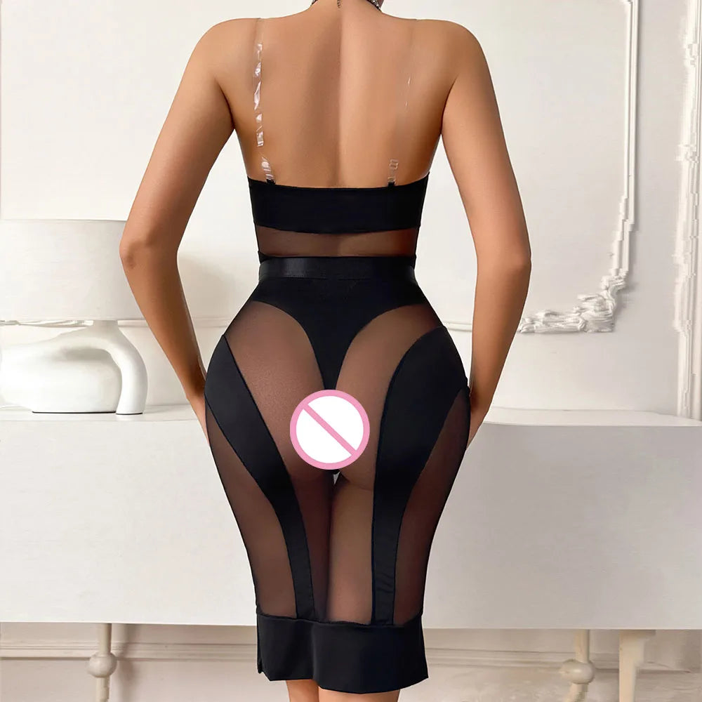 Sexy Exotic Lingerie See Through Mesh Bodysuit Slim Strapless Long Skirt 2PCS Set Lingerie Seductive Splicing Fancy Clothing