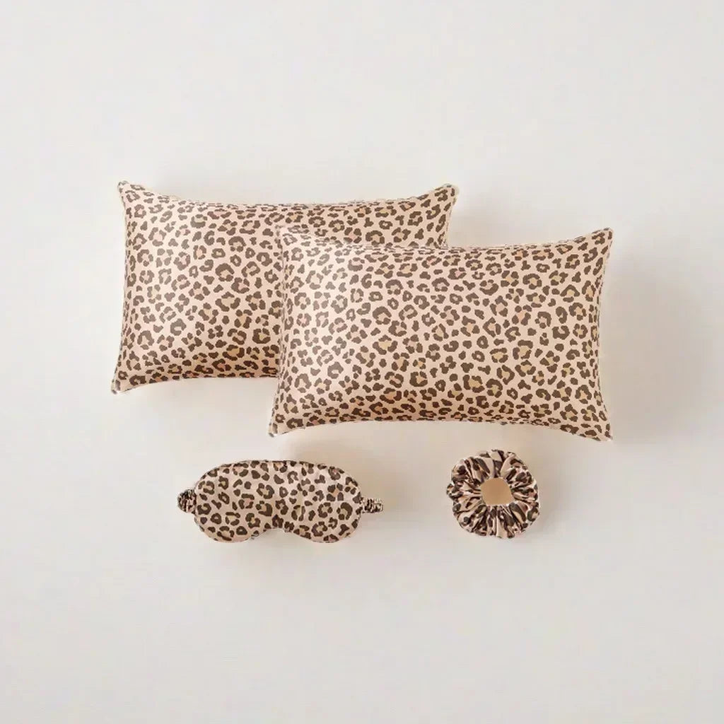 4-Piece Leopard Satin Pillowcase, Eye Mask & Scrunchie Set