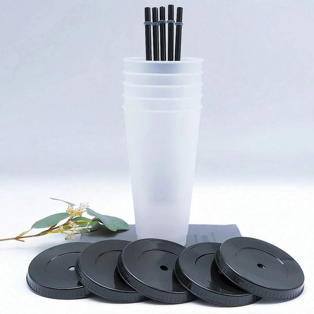 5pcs 24oz Transparent Reusable Tumblers With Black Lids and Straws Iced Coffee Water Bottle Cold Smoothie Cups For Parties Drink