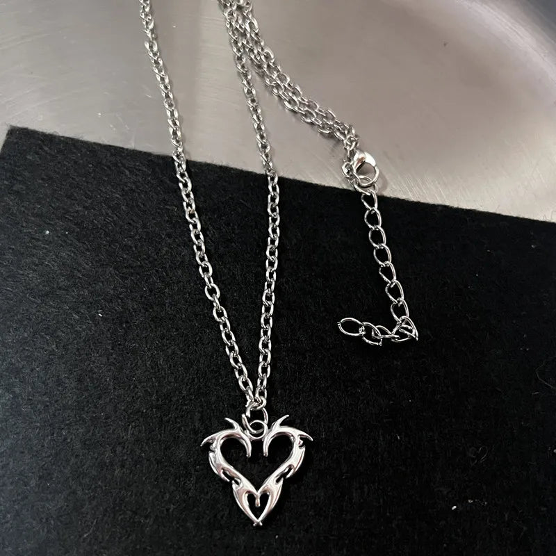 Y2K Fire Heart & Teeth Pendant Necklace