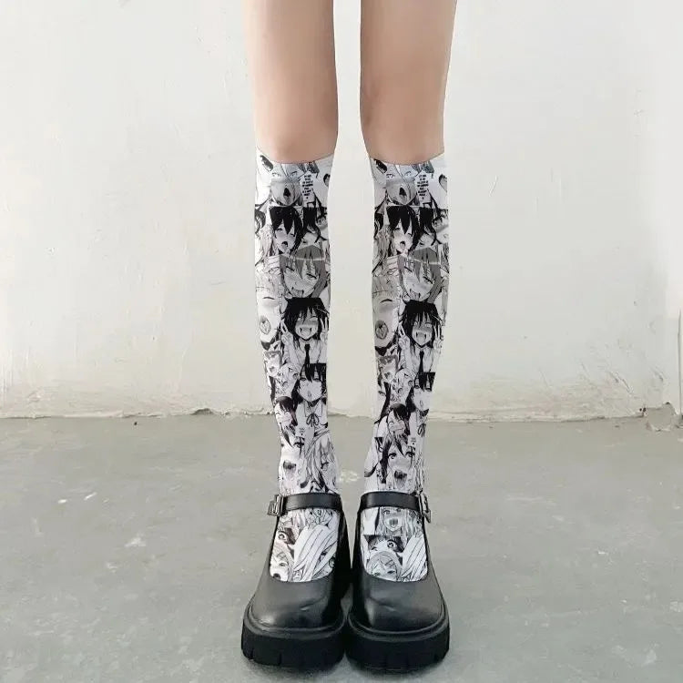 Ahegao Meme Anime Face Print Cute Kawaii Thigh High Socks Over Knee Soft Elastic Velvet Lolita Cosplay Socks Gift For Anime Fans