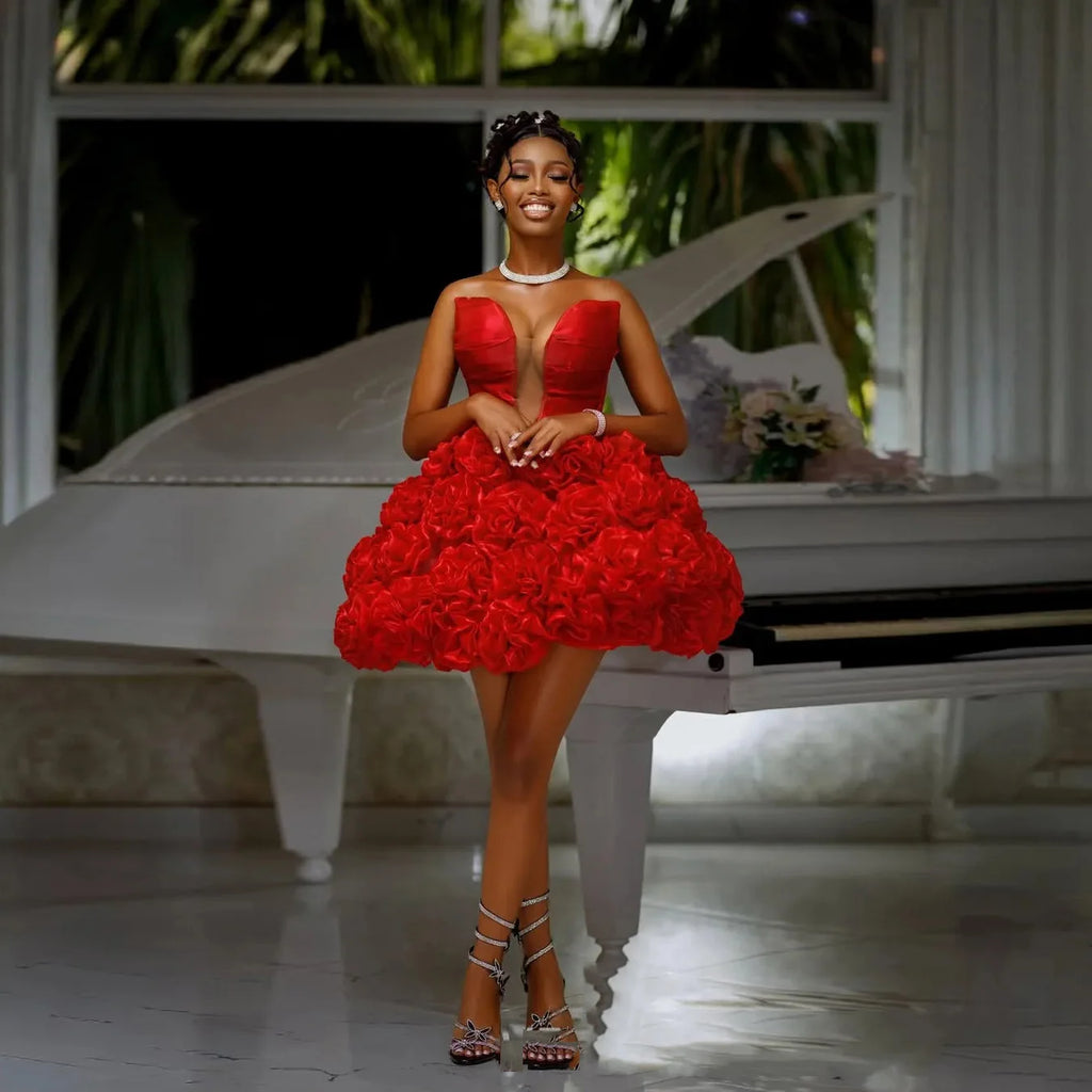 Sexy Red A-line Short Skirt Prom Dress Deep V Off The Shoulder Pleated Cocktail Dress African Black Girl Party Gown Customized