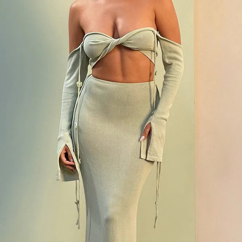Sexy Knitted Sling Bikini Long Skirts Woman's Set Casual Slim Solid Lace Up Tube Tops Slit Skirt Sets Female Summer Beach Party