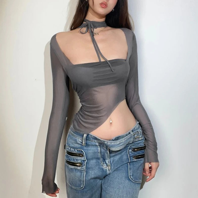 Sexy Spice Girl T-shirt with Irregular Long Sleeves and Short Waist-exposed Tops 2025 Spring and Autumn Fashion Women's Wear