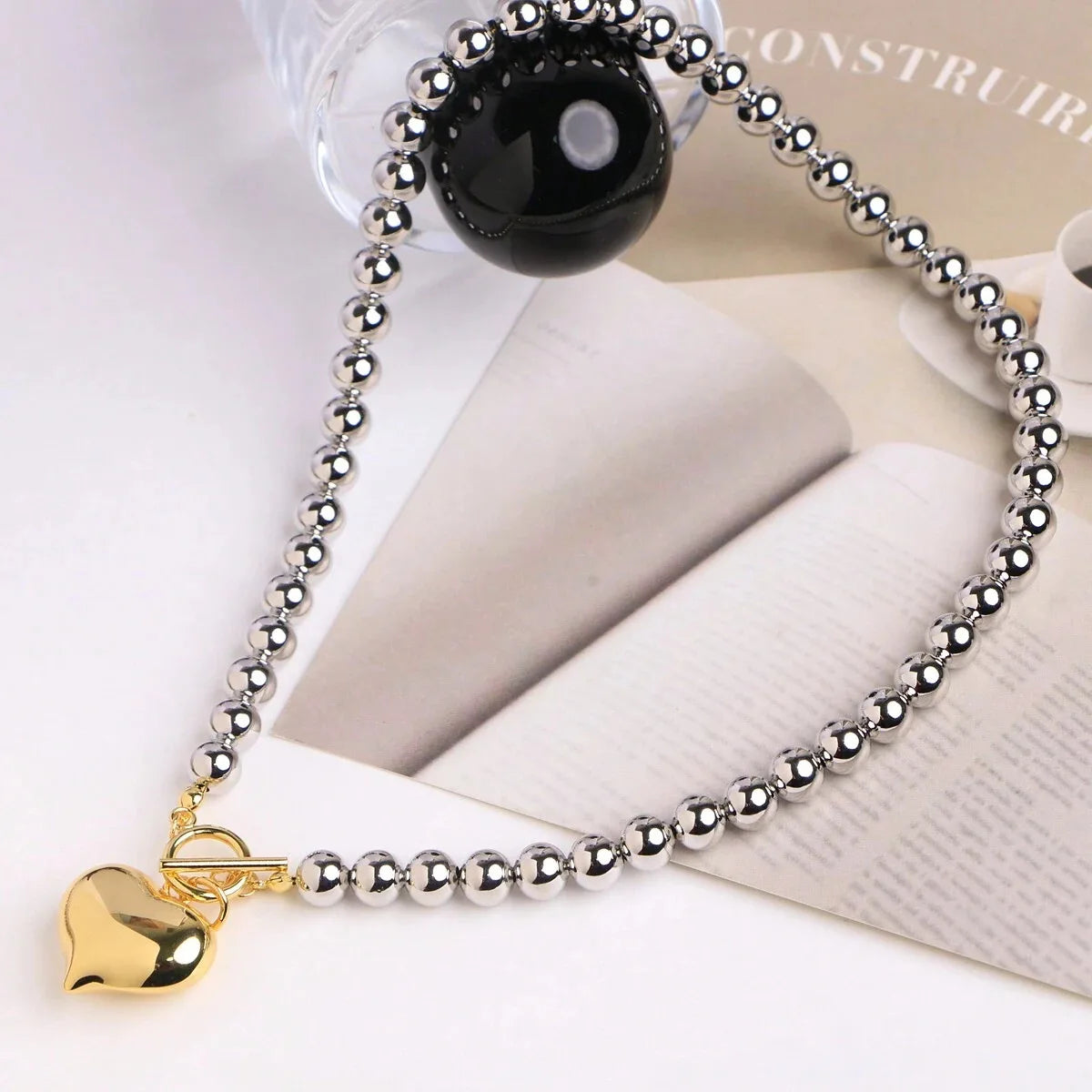 Stainless Steel Heart & Bead Toggle Necklace