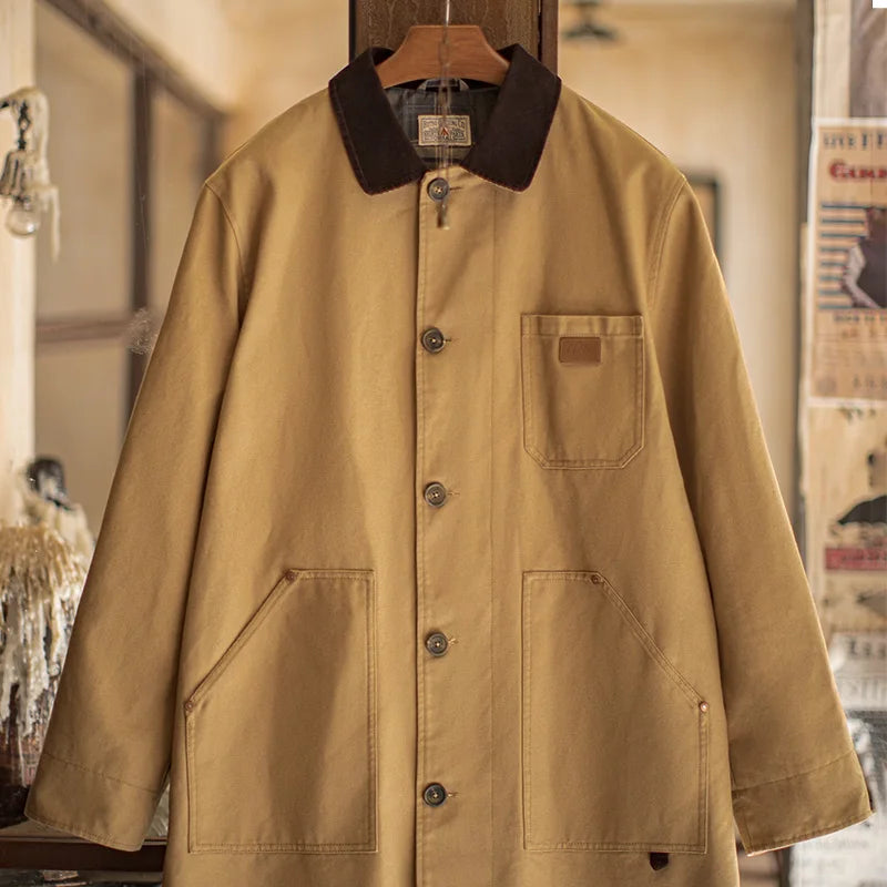 Maden Men’s Vintage Michigan Jacket Mid-length Barn Loose Fit Heavyweight Canvas Coat Khaki Workwear Autumn Casual Outerwear