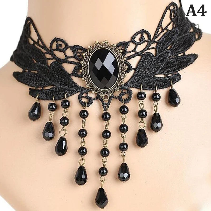 Black Lace Crystal Victorian Choker Necklace