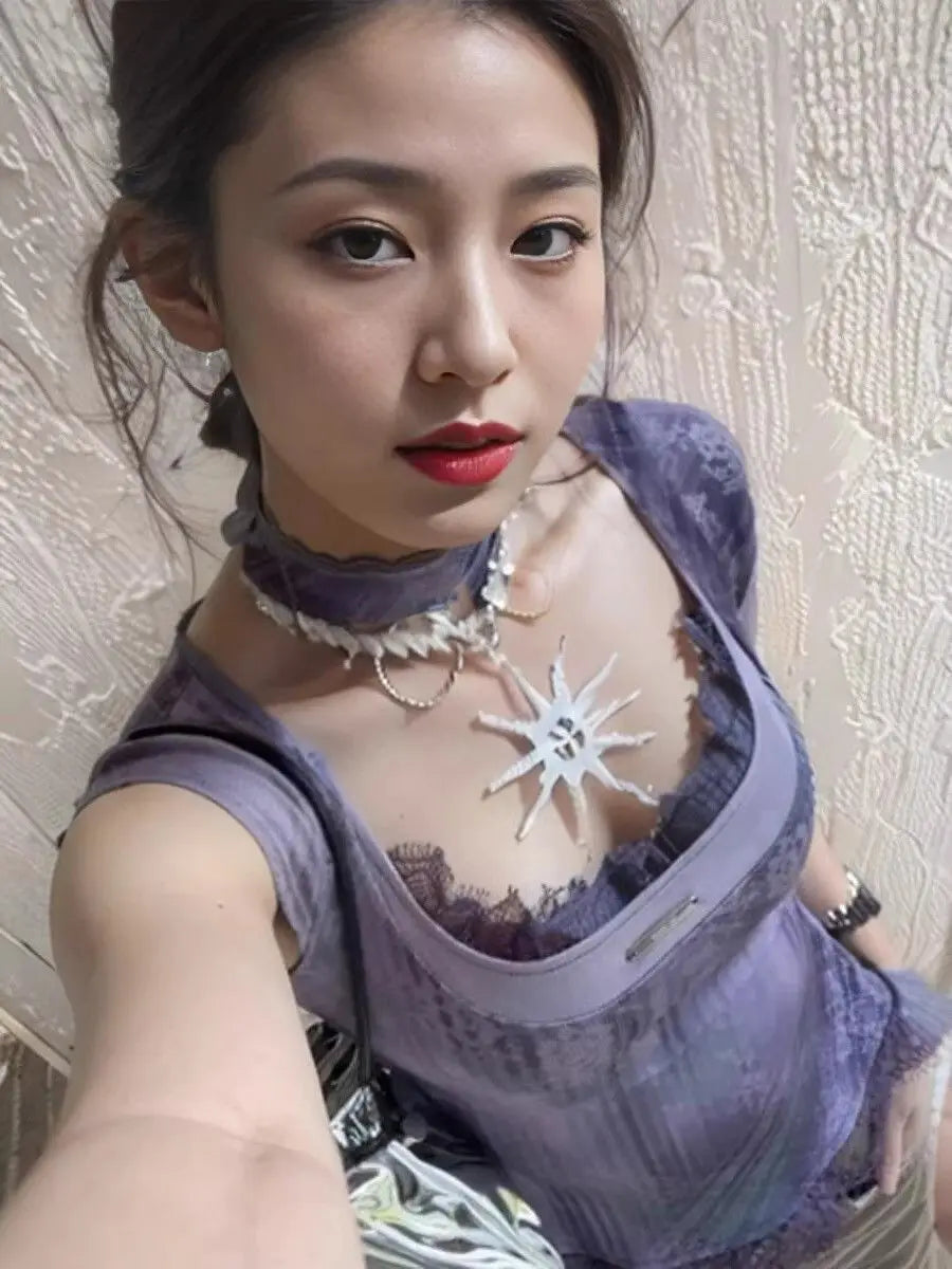 Lace Square-Neck Y2K Short-Sleeve Crop Top