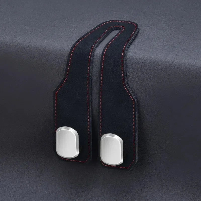 Car Interior Storage Hook, Suede Leather Metal Strap Hanger, Rear Seat Headrest Organizer with Drill, Durable Car Accessories