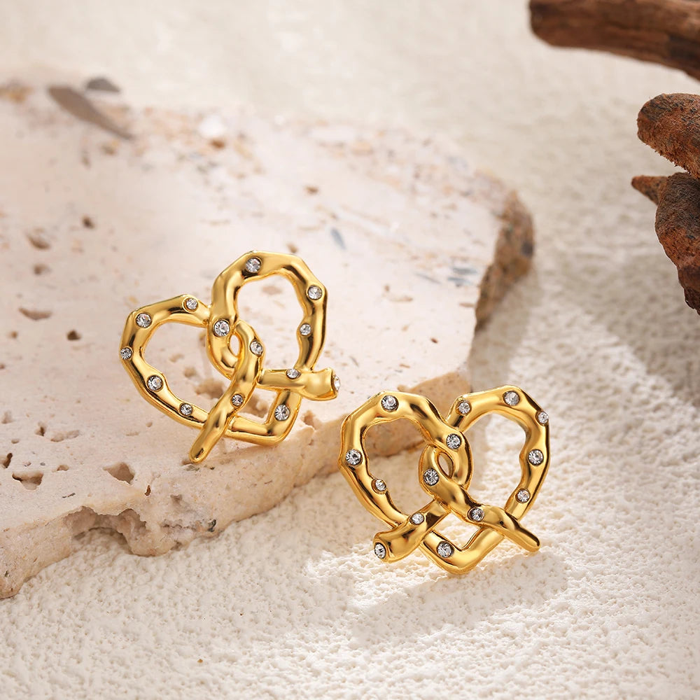 18K Gold-Plated CZ Bow & Heart Stud Earrings