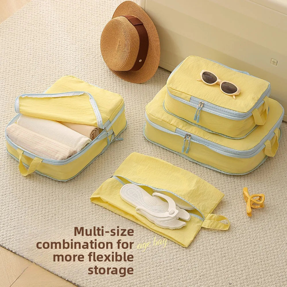 Packing Cubes Taslan Yellow Four Piece Set Space Saving Compression Luggage Organizer with Shoe Bag for Carry on Travel Vacation