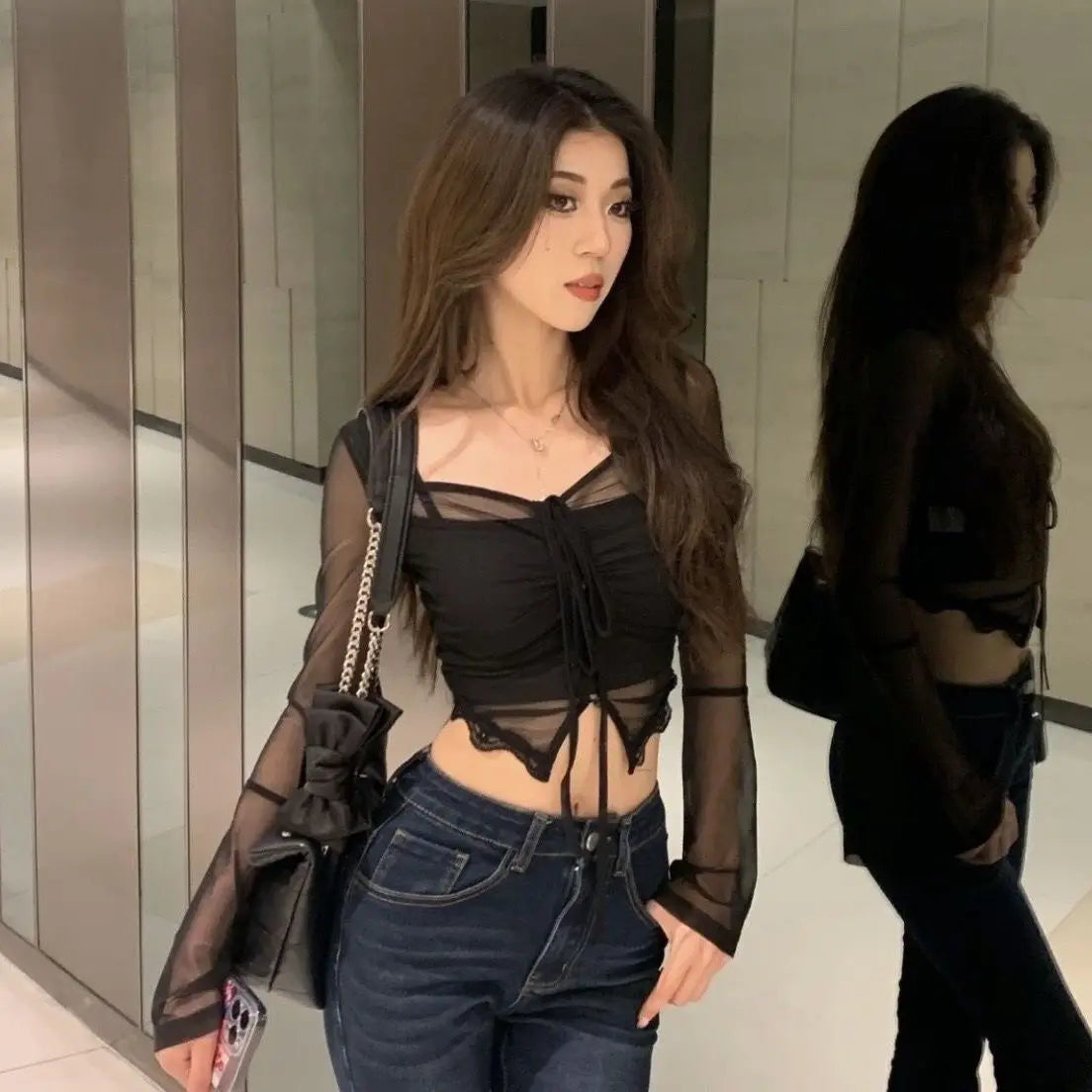 Sexy Halter T-shirts Women Clothes Hot Female Crop Tops Korean Fashion Ladies Streetwear See Through Long Sleeve Tees Pure Basic