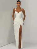 Mozision Women Sexy Maxi Dress Sleeveless Sweetheart Neck High Split Draped Ruched Long Party Dress Formal Wedding Guest Dress