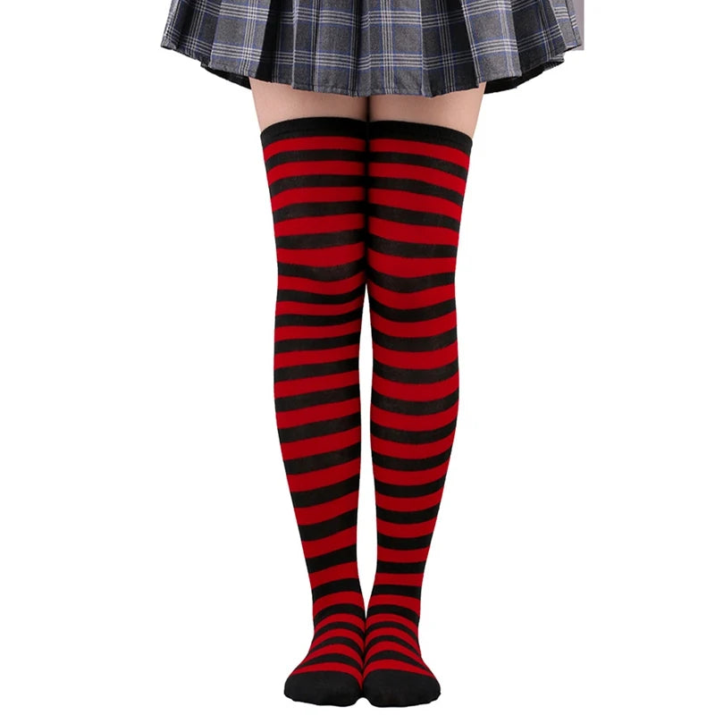 Women Thigh High Over The Knee Socks for Girl Black White Striped Hosiery Long Cotton Stockings Kawaii Knitted Leg Warmers Socks