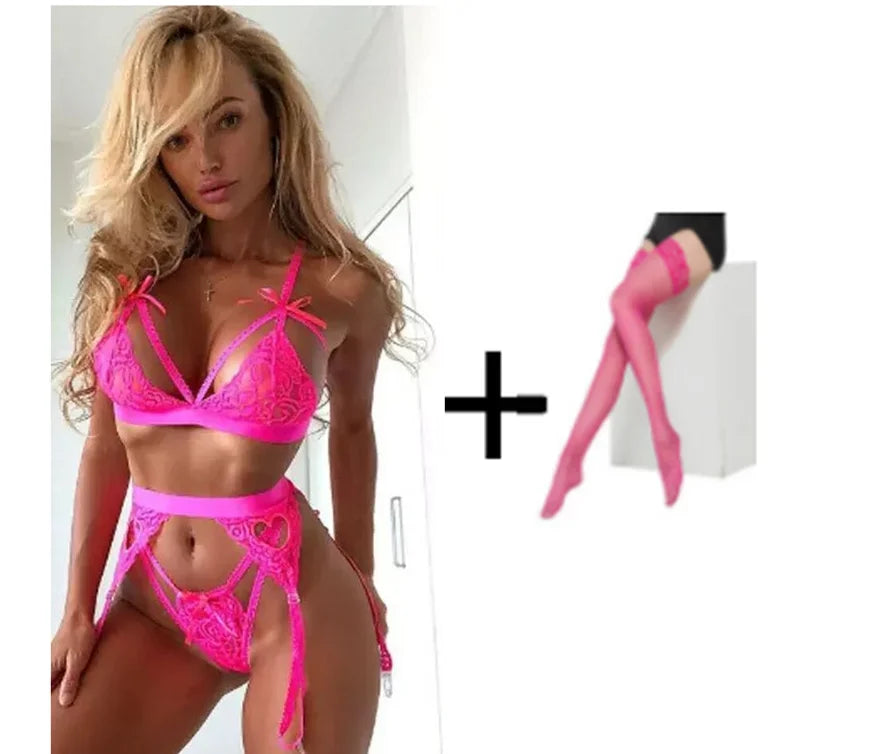 Women's Lace Bra, Panty & Garter Lingerie Set