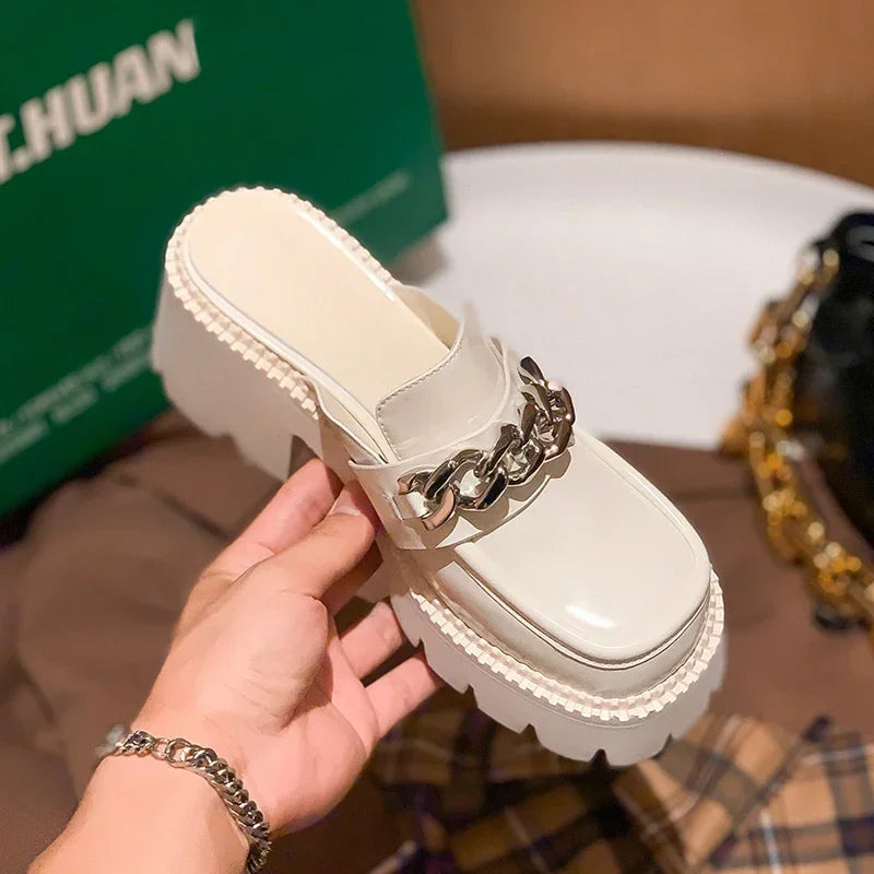 Women's Elevated Platform House Slippers Female Slides Shoes Square Heel Mules Fashion Loafers Med Cover Toe Heels Clogs Summer