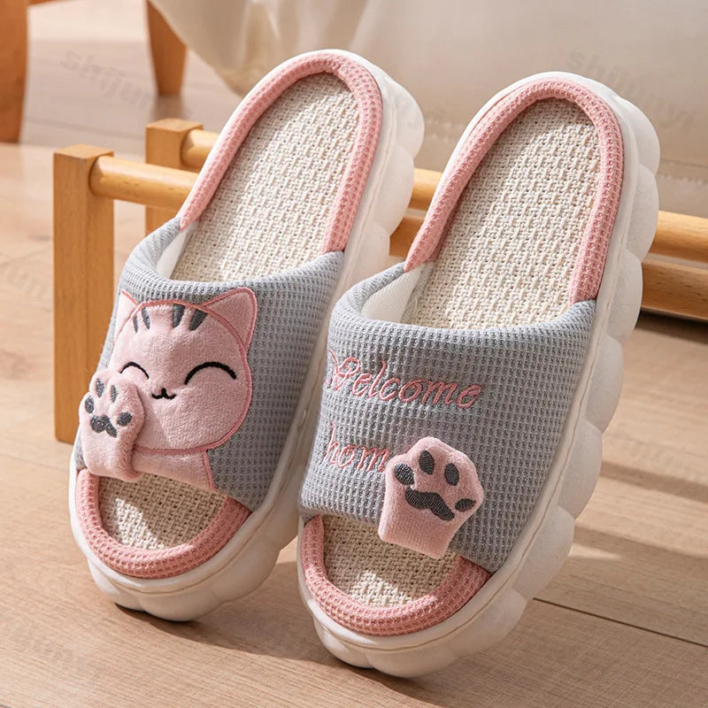 Women House Casual Slippers 2026 Spring Autumn Linen Platform Cute Cartoon Cat Floor Indoor Slippers Fashion Elegant Home Shoes