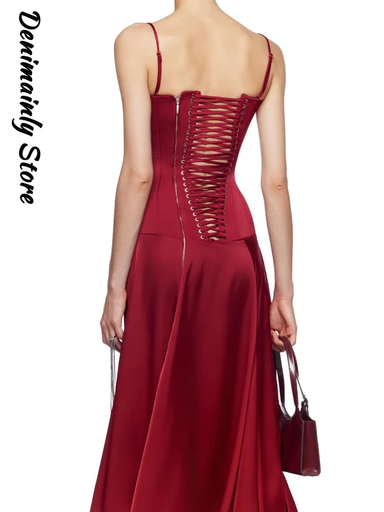 Sexy Women's Wine Red Bandage Dress Women V Neck Sleeveless Fishbone Slim Slit Irregular Dresses 2026 Summer Lady Evening Gown