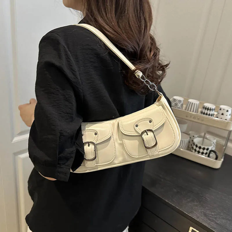 Retro Double-Pocket Faux Leather Shoulder Bag