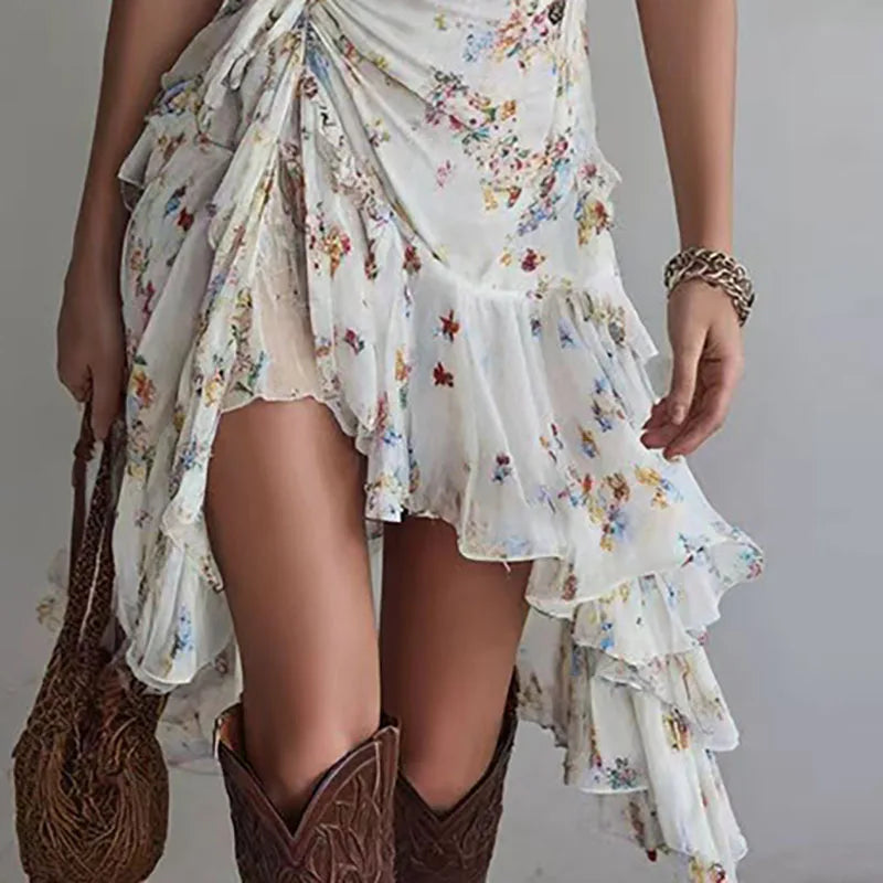 Sexy Deep V Neck Sling Print Slim Dresses Female Irregular High Low Ruffle Sundress Summer Beach Travel Casual Party Short Dress