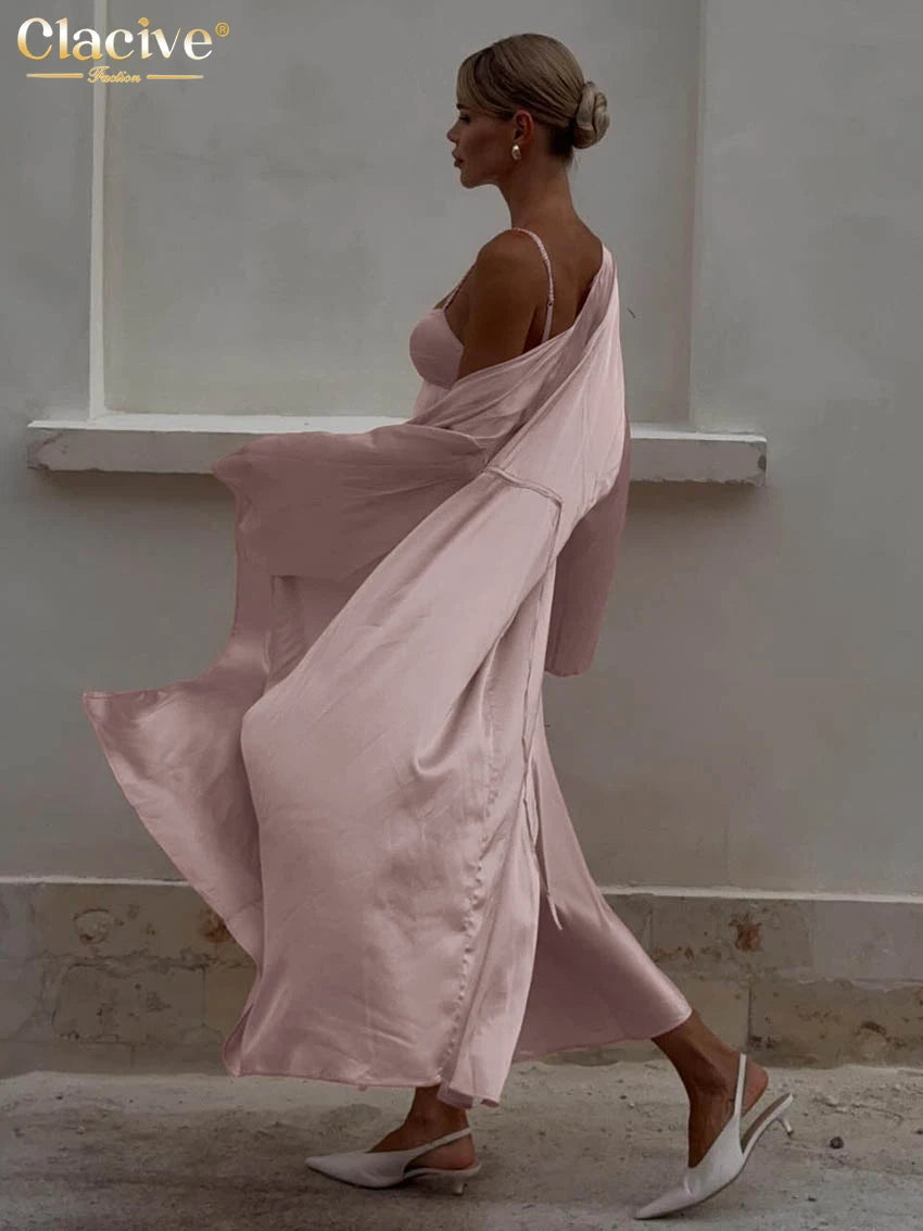 Clacive Sexy Loose Pink Satin Women's Two Pieces Set 2025 Fashion Long Sleeve Robes With Sleeveless Slit Long Dress Set Female