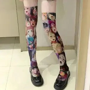 Ahegao Meme Anime Face Print Cute Kawaii Thigh High Socks Over Knee Soft Elastic Velvet Lolita Cosplay Socks Gift For Anime Fans
