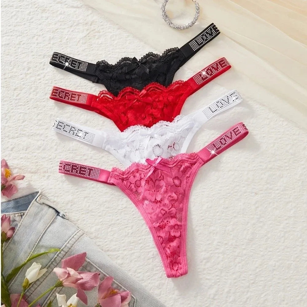 Lingerie Crystal Lace Flower Panties Cotton Crotch Low-waist Seamless Thong Embroidery Underpants Bikini Underwear Women Gifts