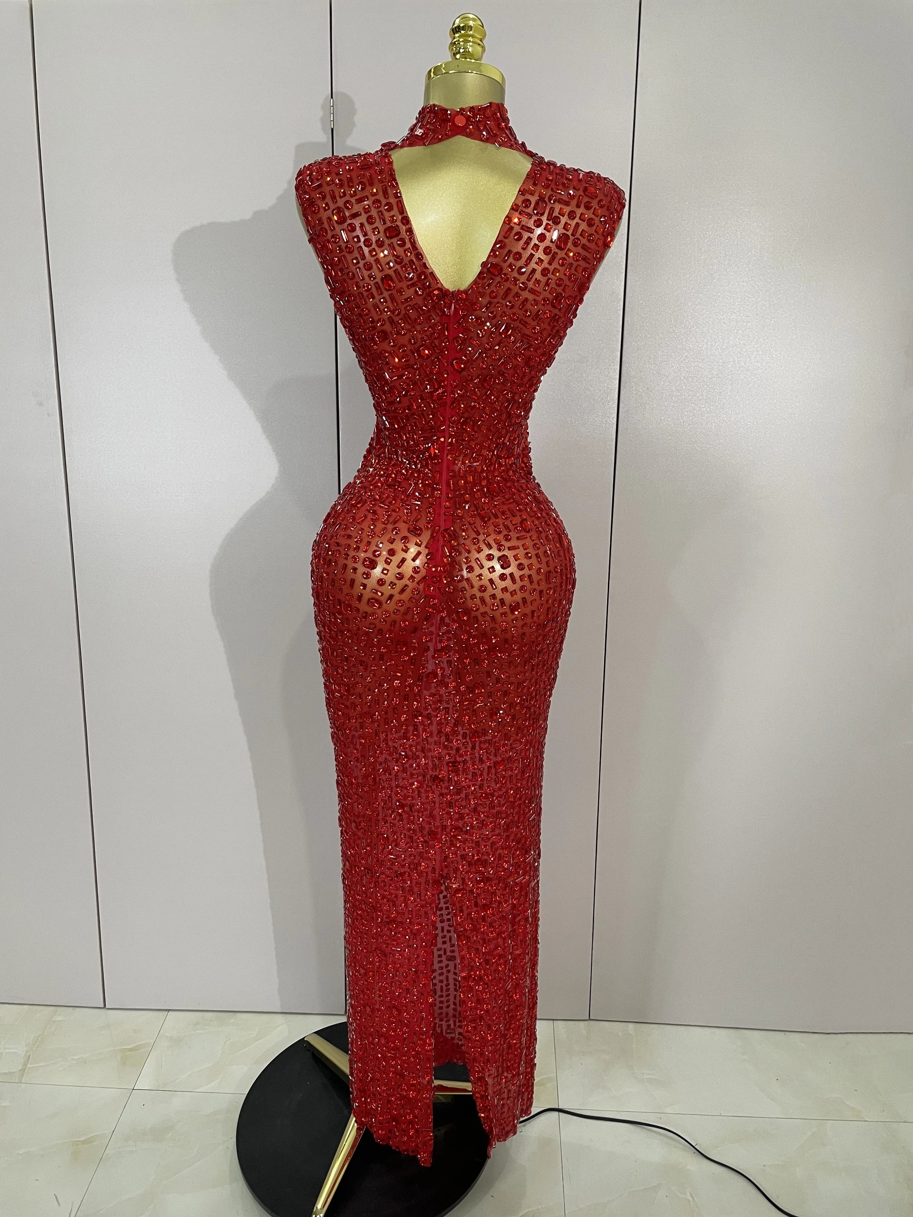 Luxury Sparkly Diamonds Red Sexy Mesh See Through Long Dress Women Eveing Celebrate Birthday Dress Wedding Singer Stage Costume