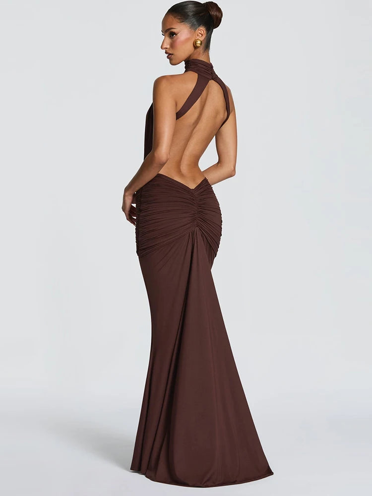 Sibybo Sexy Backless Bodycon Elegant Maxi Dress Women Fashion Sleeveless Half High Collar Draped Ruched Evening Party Dresses