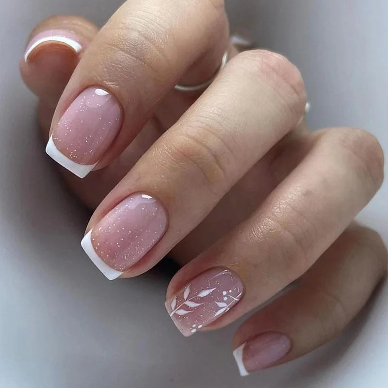 Pink Glitter French Short Square Press-On Nails