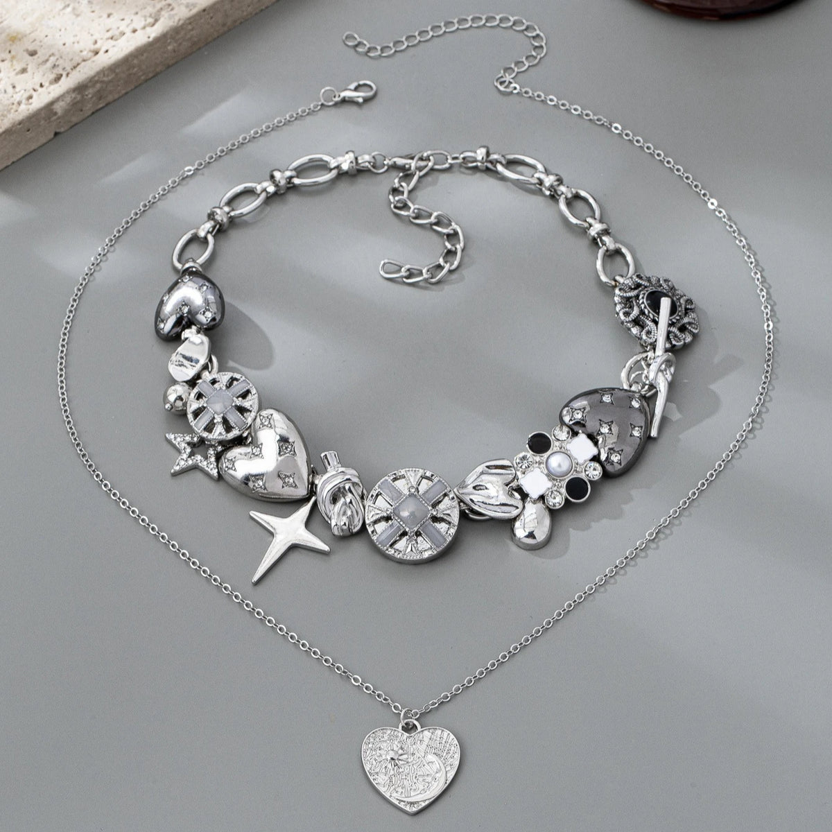 Vintage Layered Heart & Star Charm Necklace Set