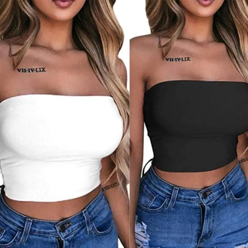Womens Sexy Strapless Off Shoulder Crop Tube Top Color Stretchy Bandeau