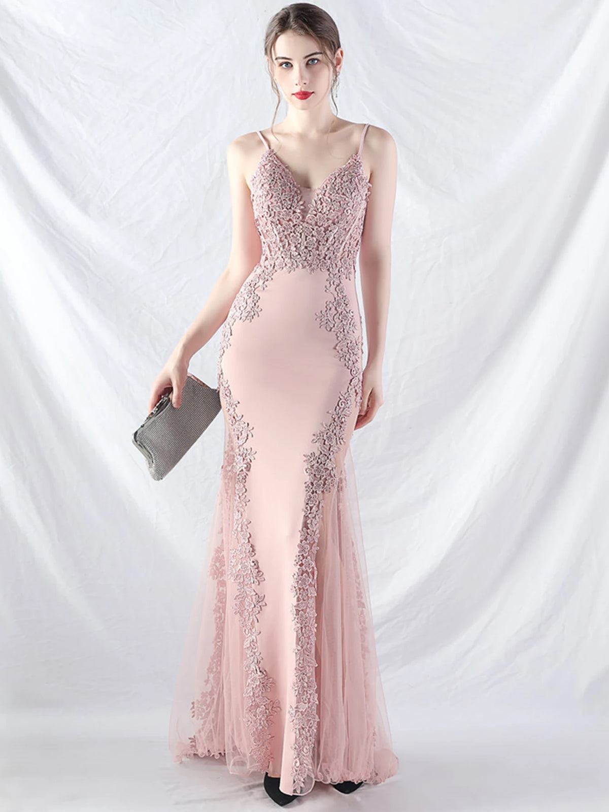 Women's Sheer Lace Mesh Maxi Evening Dress