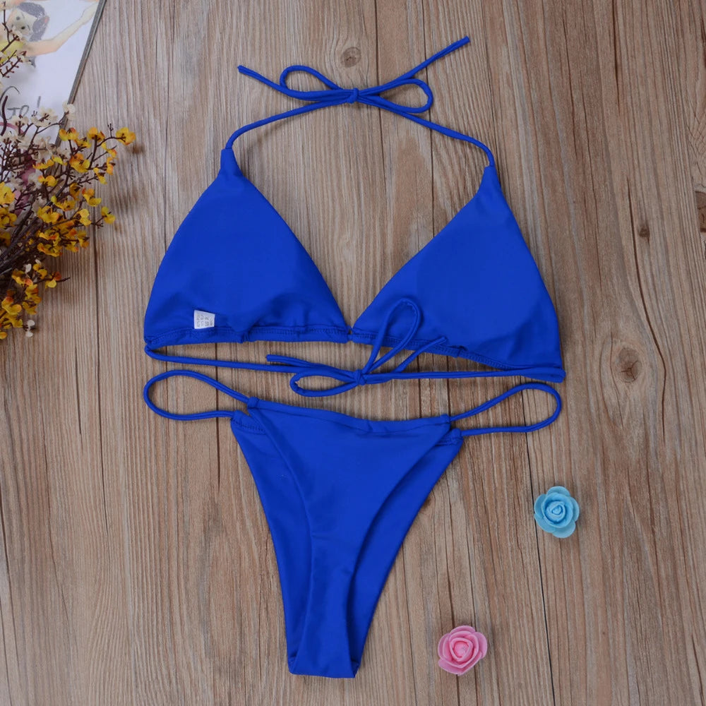 Women Tie Sexy Thong Bikini Set Side Swimsuit Bandage Style Brazilian Swimwear Split Strap Adjustable Solid Female Swimsuit Set